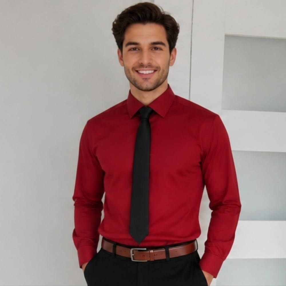 jf j.ferrar Men's Red Button-Down Dress Shirt
